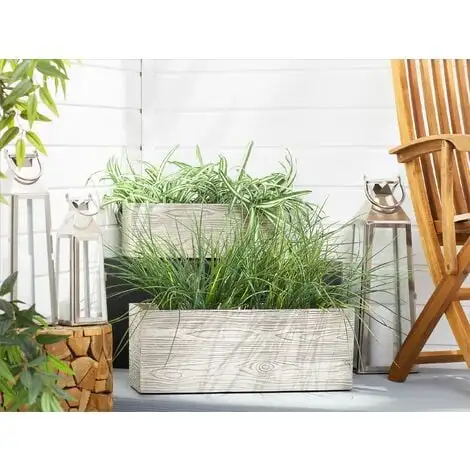 Beliani Modern Outdoor Indoor Flower Pot Light Wood Fibre Clay Rectangular 42x13cm Paos 4 Beliani Modern Outdoor Indoor Flower Pot Light Wood Fibre Clay Rectangular 42x13cm Paos - Image 2