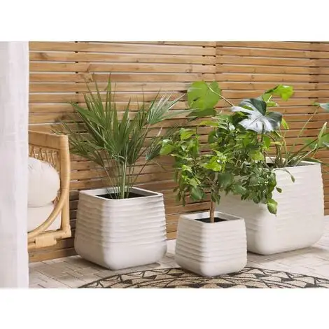 Beliani Outdoor Garden Flower Pot Large 50 X 49 Cm Square Planter Dirty White Parikia 4 Beliani Outdoor Garden Flower Pot Large 50 X 49 Cm Square Planter Dirty White Parikia - Image 2