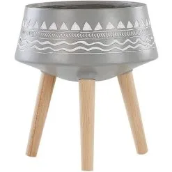 Beliani Flower Pot Wooden Stand Light Grey Magnesium Round Inlaid Motif Weira