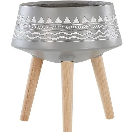 Beliani Flower Pot Wooden Stand Light Grey Magnesium Round Inlaid Motif Weira 3 Beliani Flower Pot Wooden Stand Light Grey Magnesium Round Inlaid Motif Weira