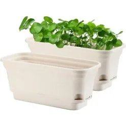 Devenirriche 40CM Self-Watering Plant Pot Rectangular Plastic Planters, Modern Decorative Flower Pot For All Plants, Flowers, Herbs - Beige, Set Of 2