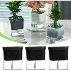 ECHOO Set Of 3 Self-Watering Plastic Flower Pots With Absorbent Cotton Thread For Indoor And Outdoor (3 X Black) -Indoor Flower Pot 58421317 5