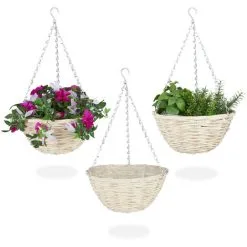 Relaxdays Set Of 3 Hanging Plant Basket, Handmade Willow Wood Wicker, With Foil, Flower Pots, HxØ: 12 X 25 Cm, Natural