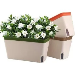 MONLY 10.5 Inch Rectangle Self Watering Planter Set Of 3, Plastic Plant Pot With Visual Water Level Window Indoor Decorative Garden Flower Pot (Green/Brown/Orange)