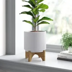 Leaf White Ribbed Ceramic Plant Pot With Bamboo Stand 17 X 17 X 21cm