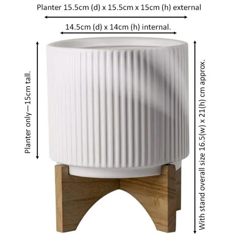 Leaf White Ribbed Ceramic Plant Pot With Bamboo Stand 17 X 17 X 21cm 6 Leaf White Ribbed Ceramic Plant Pot With Bamboo Stand 17 X 17 X 21cm - Image 4