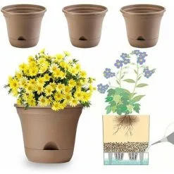 ERHOPE 20CM Self-Watering Flower Pot, Long-Term Plant Pot For Water Storage, Deep Reservoir, Planter Pot For Indoor Plants Home Decoration - Brown, Set Of 4