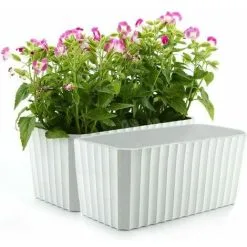 TUMALAGIA Self-Irrigation White Plastic Rectangle Flower Box Set Of 2, Pot With Water Reserve And Water Level Indicator Pot With Watering System For Planting Plants Easily